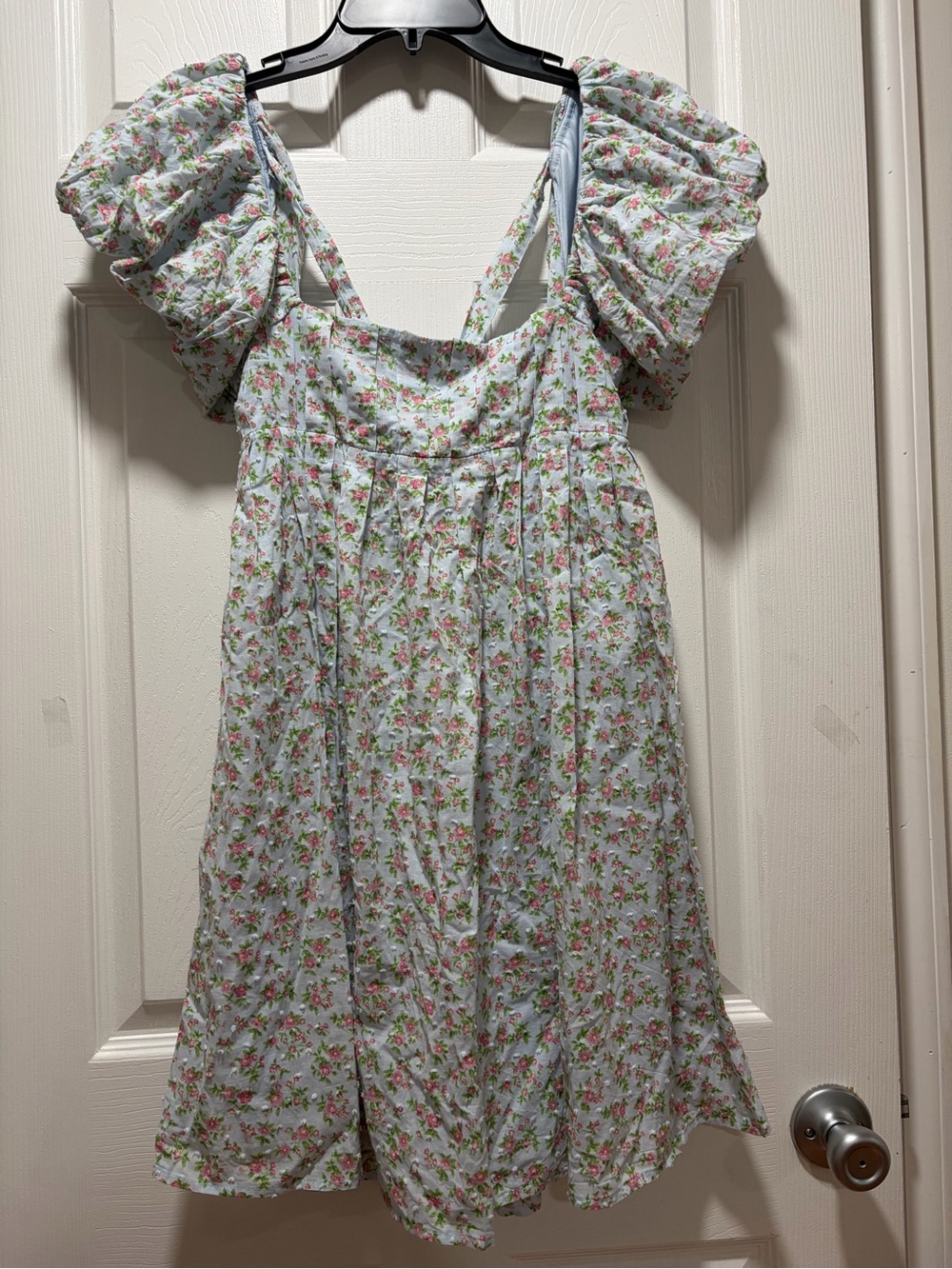 BeBop Light Blue Floral Puff-Sleeve Tie-Back Dress